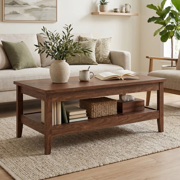 LIVIZA 2-Tier Farmhouse Coffee Table with Storage Shelf, Rectangle Wood Center Table for Living Room,Walnut