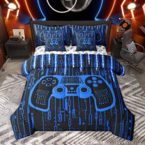 Homewish Black Blue Gamepad Bedding Comforter Set 7pcs for Boys, Cartoon Game Console Lover King Bedding Sets, Stripes Abstract Reversible Bed Sheets, Breathable Home Decor