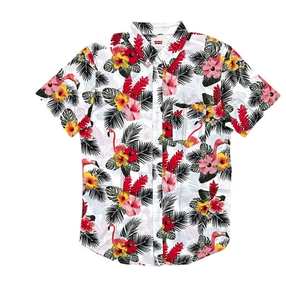 Levi's Men's Kharl Tropical Floral Hawaiian Short Sleeve Button Up Shirt (Small, White/Multi)