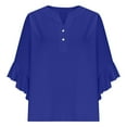 thumbnail image 3 of Olyvenn Womens 3/4 Sleeve Tops Casual Ruffle T Shirts Solid Henley Notched V Neck Tees Loose Fit Graphic Button Dressy Blouses Blue XL, 3 of 5