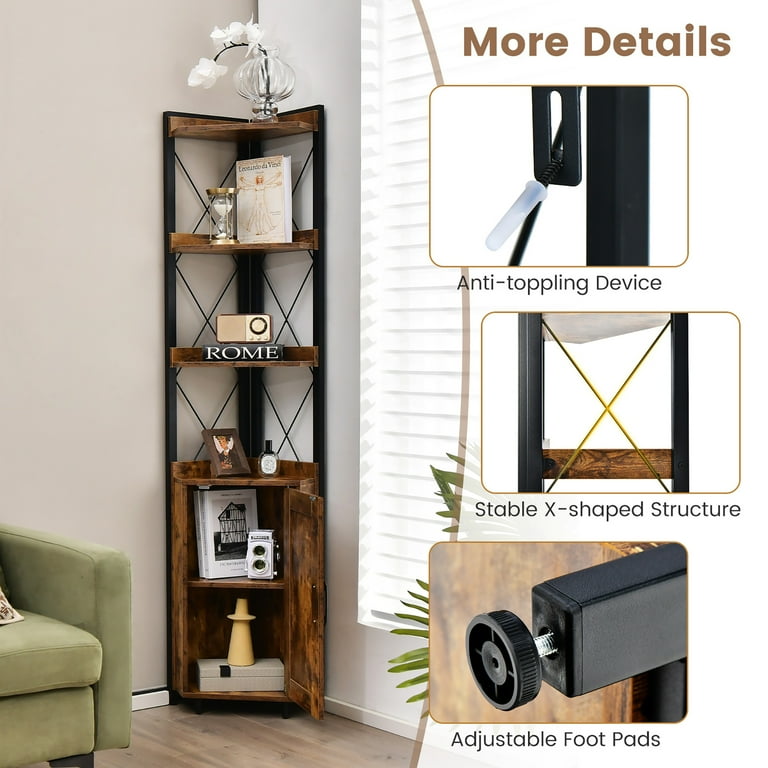 Costway 6-Tier Corner Shelf- Storage Rack Cabinet, Wood Rustic