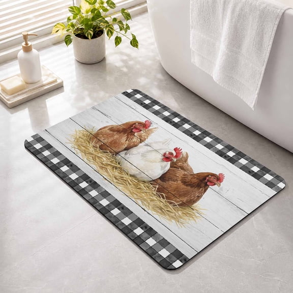 Bathroom Rug Farmhouse Chickens Straw Water Absorbent Non-Slip Bath Mat, Washable Quick-Dry Bathroom Floor Mat for Bathtub, Shower, Sink 20" x 32" Retro Farm Balck White Plaid Wood