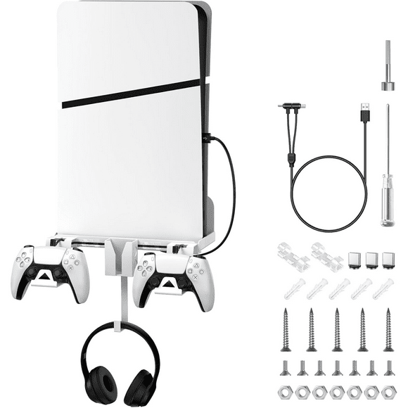 6 In 1 PS5 Silm Wall Mount Kit Compatible With Playstation 5 Silm Console (Disc And Digital Edition) With Magnetic Charging Cable Detachable Controller Holder