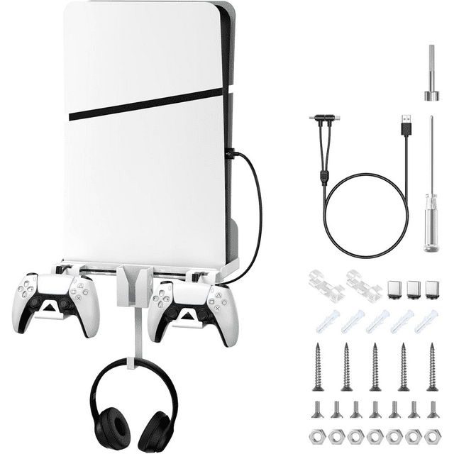 6 In 1 PS5 Silm Wall Mount Kit Compatible With Playstation 5 Silm Console (Disc And Digital Edition) With Magnetic Charging Cable Detachable Controller Holder