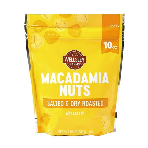 Wellsley Farms Salted & GGA1 Dry Roasted Macadamia Nuts (1 Bag), Lightly Seasoned with Sea Salt, 10 oz Resealable Bag - Kosher, Keto-Friendly.