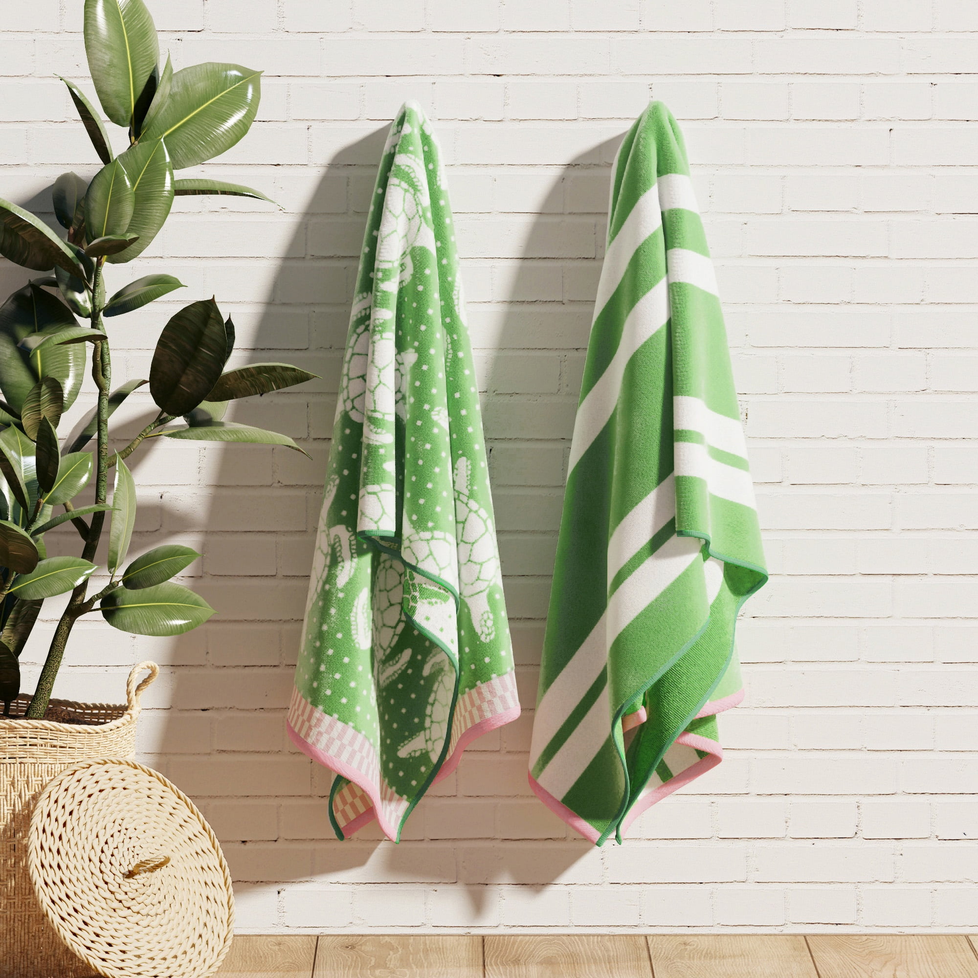 100% Cotton Jacquard 2 Pack 30" x 60" Printed Beach & Pool Towels (Green/White Turtles & Stripes, 2 Pack- 30" x 60").