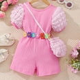 thumbnail image 2 of Rompers for Girl Summer Shorts New Toddler Girls Puff Sleeve Romper Ribbed Elastic Jumpsuit Summer One Piece Playsuit with Bag Pinky 4 Years, 2 of 9
