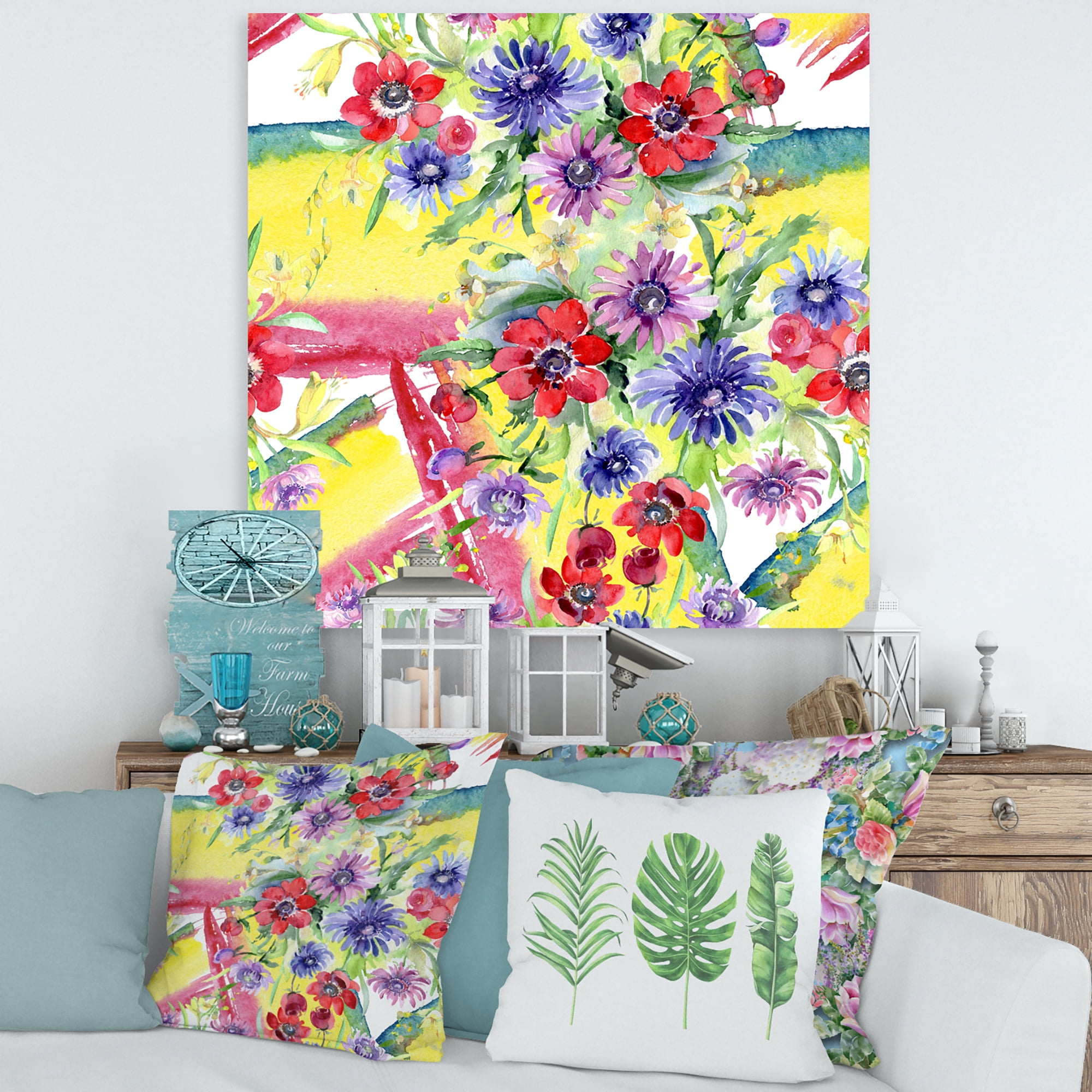 Wildflowers and Vibrant Wild Spring Leaves V 30 in x 30 in Painting Canvas Art Print, by Designart