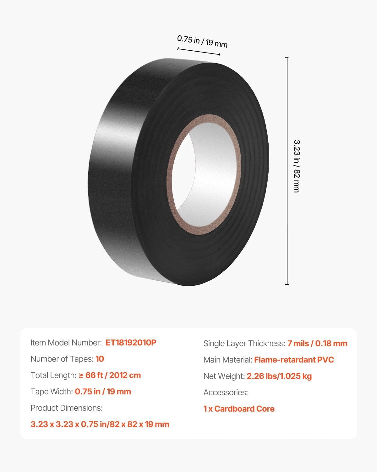 10 Rolls Electrical Tape 3/4 in x 66 ft Black PVC Insulating Tape, Flame-Retardant, Waterproof, Heat-Resistant, Pressure-Sensitive Adhesive for Wire Splicing, Home Repairs, Electrical Insulation