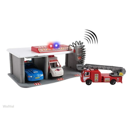 WolVol Emergency 3-Vehicle Garage with Pretend Radio & (Best Emergency Radio On The Market)