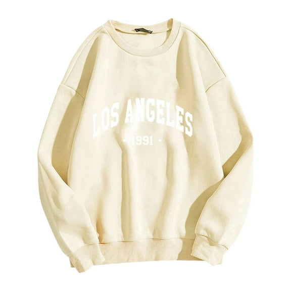 Women Sweatshirt Vintage Los Angeles Monogrammed Hoodless Sweatshirt Long Sleeve Crewneck Top Streetwear Women Hoodies Beige L