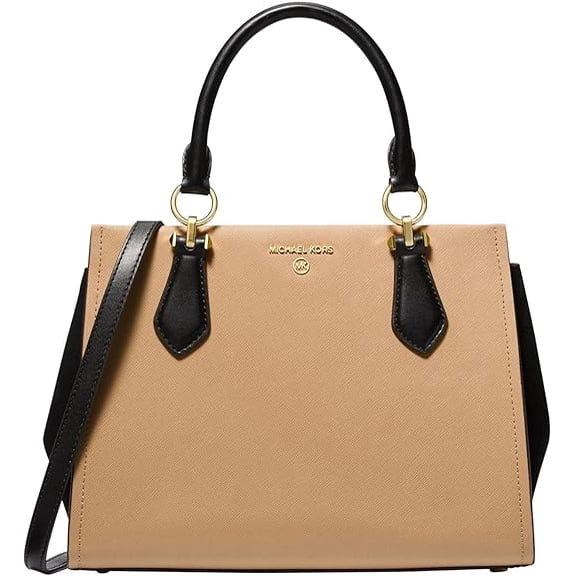 Michael Kors Marilyn Medium Color Blaock Saffiano/Suade Satchel, Black/Camel