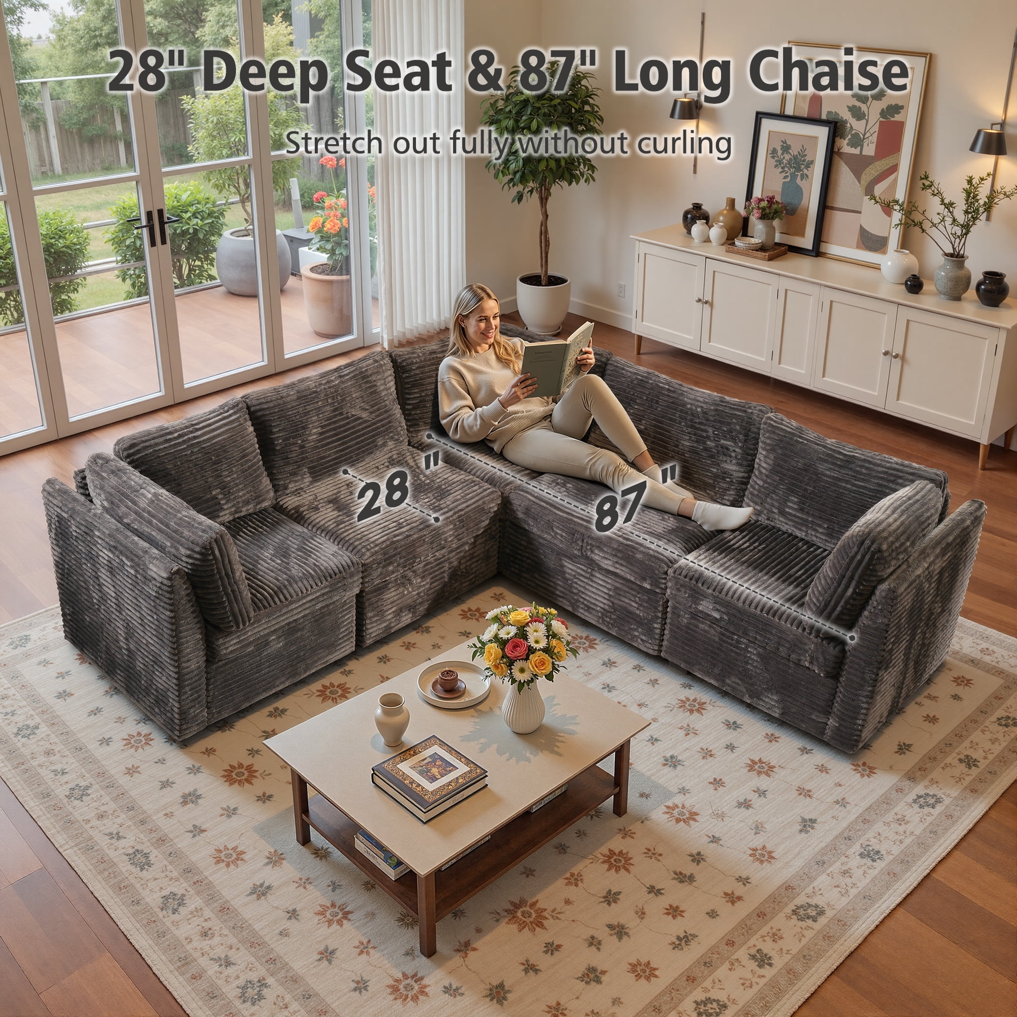 Ovios 95" Modular Sectional Sofa Deep Seat Cloud Couch with Chaise L-Shaped Corduroy Couch for Living Room, 5 Seat, Gray
