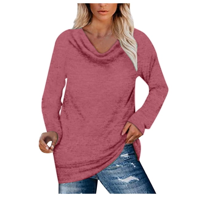 Annhoo Going out Tops for Women Long Sleeve Ruched V Neck T Shirts Fall Plus Size Casual Loose Solid Color Tunics