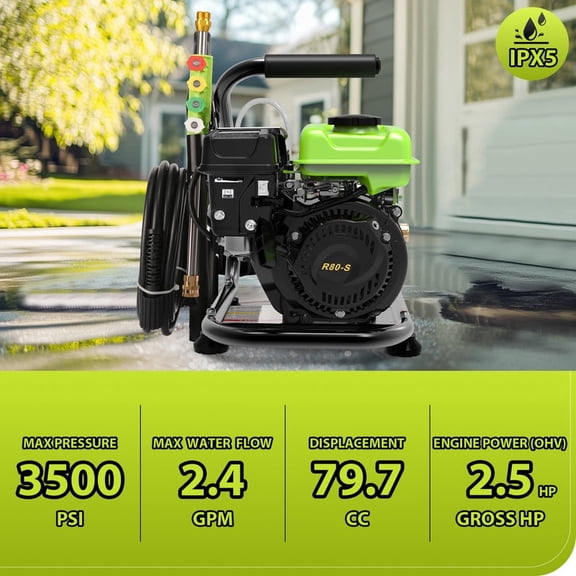 MAX 3500PSI Gas Pressure Washer, 2.4GPM 79.7CC 25FT Hose 1L Foam Bottle 5 Tip Heavy-Duty Professional Gas Power Washer, 2.5HP Commercial Pressure Washer Gas Powered for Car Home, Green