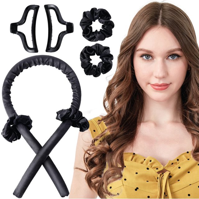 Varilla para rizar sin calor, diadema de seda, rizos sin calor, rulos con cintas, rizador de pelo con ondas suaves para dormir, herramientas de peinado para cabello largo y mediano (negro brillante)