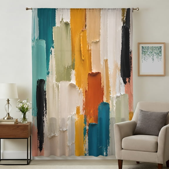 Orange Green Blue Sheer Curtains 108 Inches Extra Long, Abstract Retro Oil Painting Minimalist Light Filering Curtains, Privacy Drapes Simi Floor to Veiling Curtain for Living Room Window Treatment