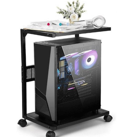 PC Stand Computer Tower Stand 2-Tier Metal CPU Holder with Locking Caster Wheels Suitable for Most PC (S,Black)