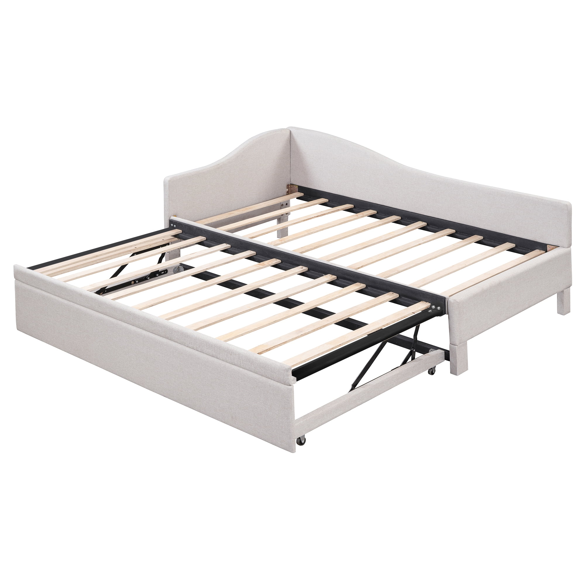Aukfa Twin Daybed with Pop-Up Trundle, Linen Upholstered Twin-to-King Bed Frame, Space-Saving Guest Bed for Living Room, Bedroom, Kids Room, Light Gray