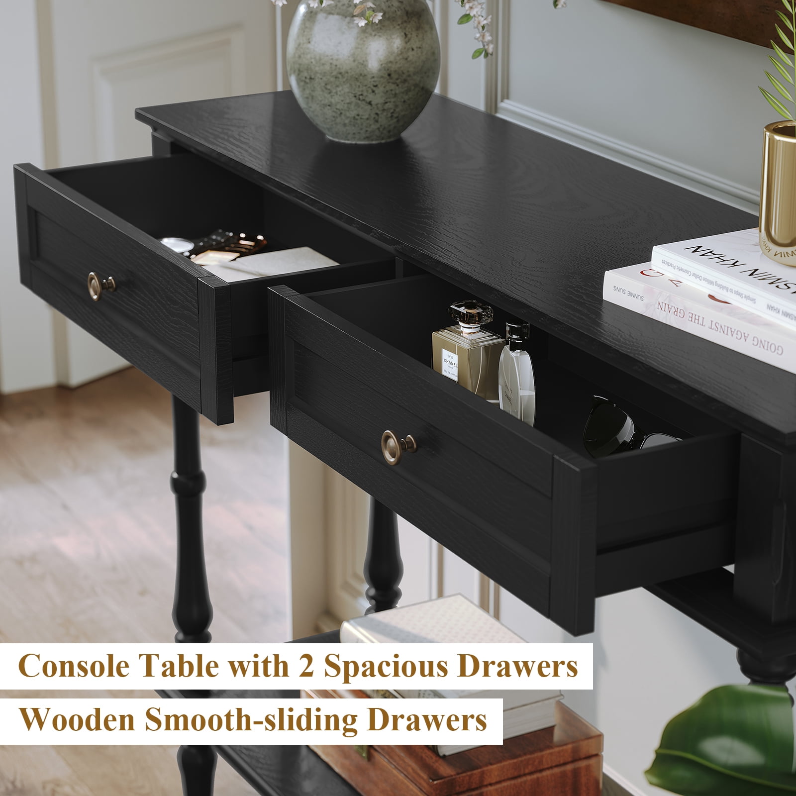 CBJCBJ40"Vintage Minimal Assembly Console Table with 2 Storage Drawers,Suitable for Living Room,Black
