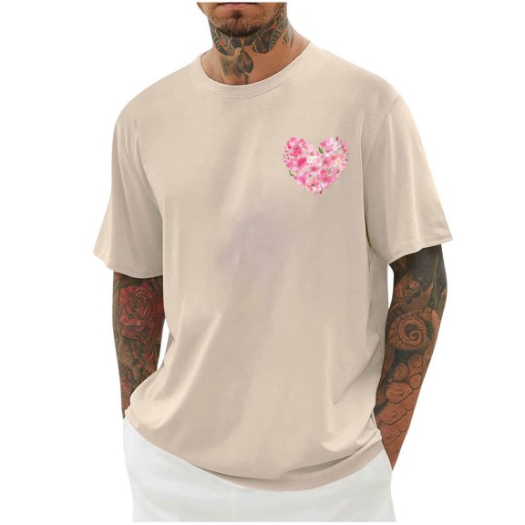 Dagegui Men's Crew Neck Short Sleeve Tops Heart Graphic T-Shirt Casual Loose Fit Shirts Breathable Lightweight Summer Daily Tee Khaki S