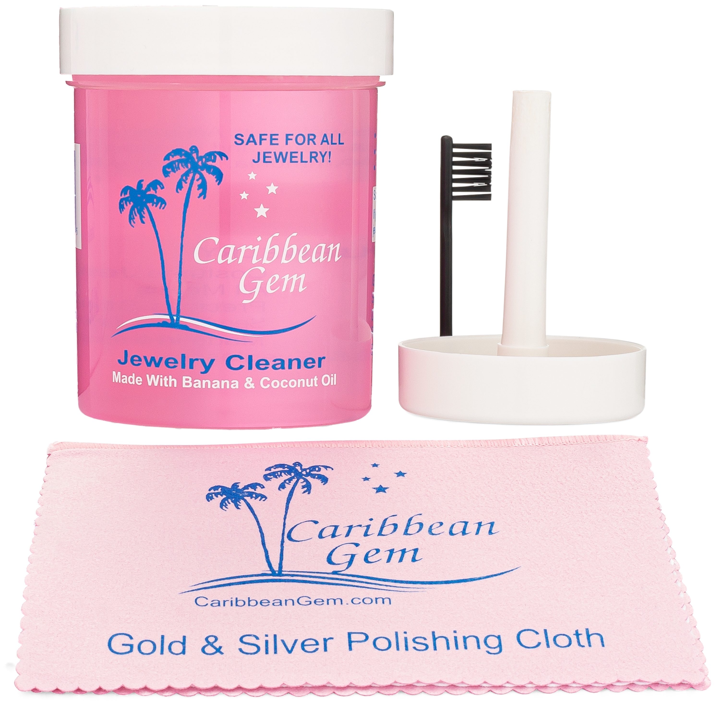 Caribbean Gem Jewelry Cleaner 8 oz. Jar With Dipping Basket and Brush Polishing Cloth For Gold