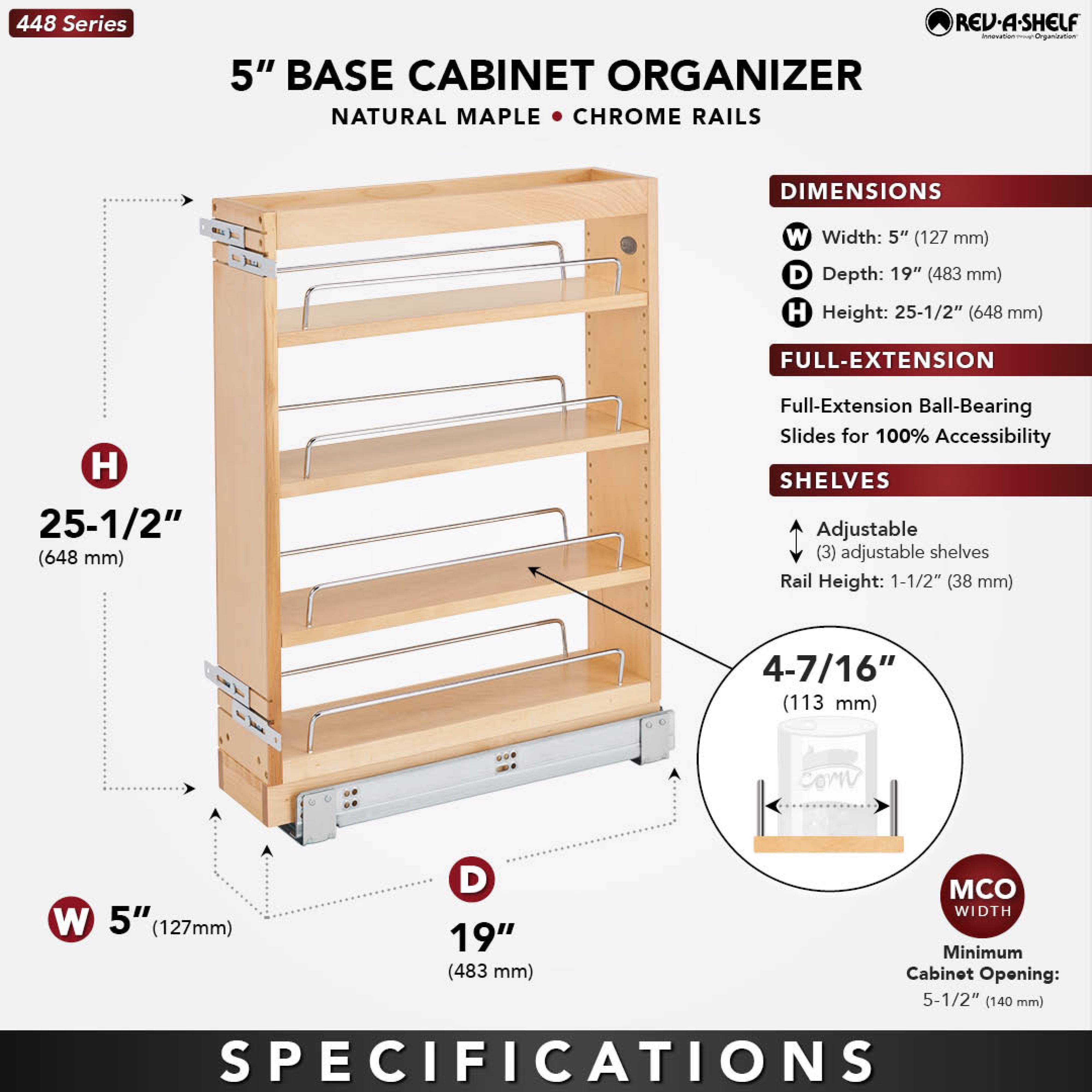 Rev-A-Shelf 5" Pull Out Vanity Organizer for Base Cabinets, 448-BC19-5C