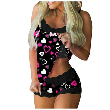 

Follure Ladies casual underwear bra Women Print Pajamas Sleeveless Lace Cami Shorts Lingerie Sleepwear Set D XL