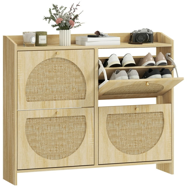 HOMCOM Armoire à Chaussures, Armoire de Rangement pour Chaussures avec 4 Tiroirs Basculants, Naturel