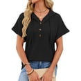 thumbnail image 1 of Women Summer Tops Waffle Knit Short Sleeve Drawstring Hoodies Button V Neck Casual Blouses Shirts, 1 of 9