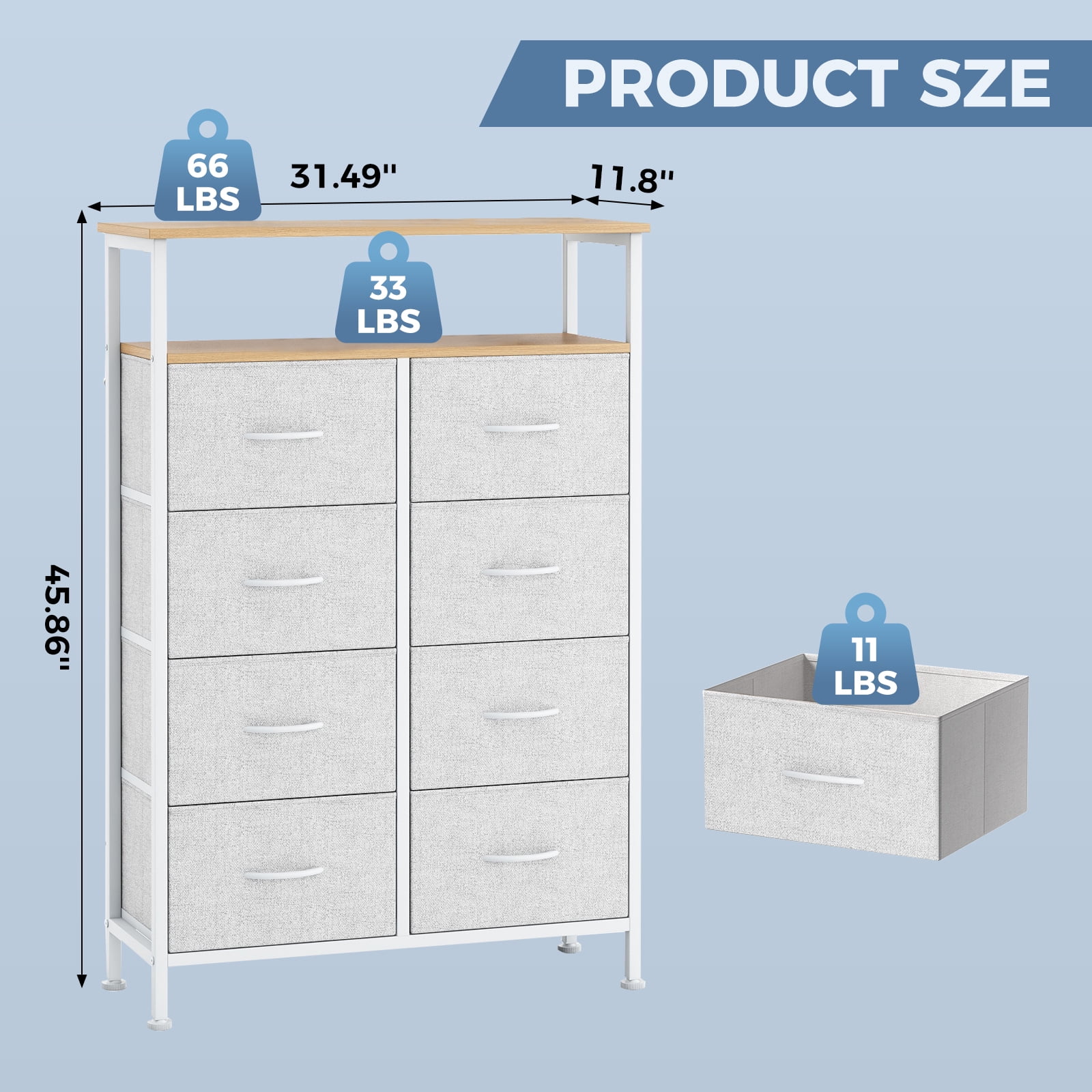 CONCETTA 8-Drawer Fabric Storage Cabinet, Open Shelf, 45.9-inch Tall Organizer for Bedroom Closet Organization, Living Room, Hallway, Light Gray