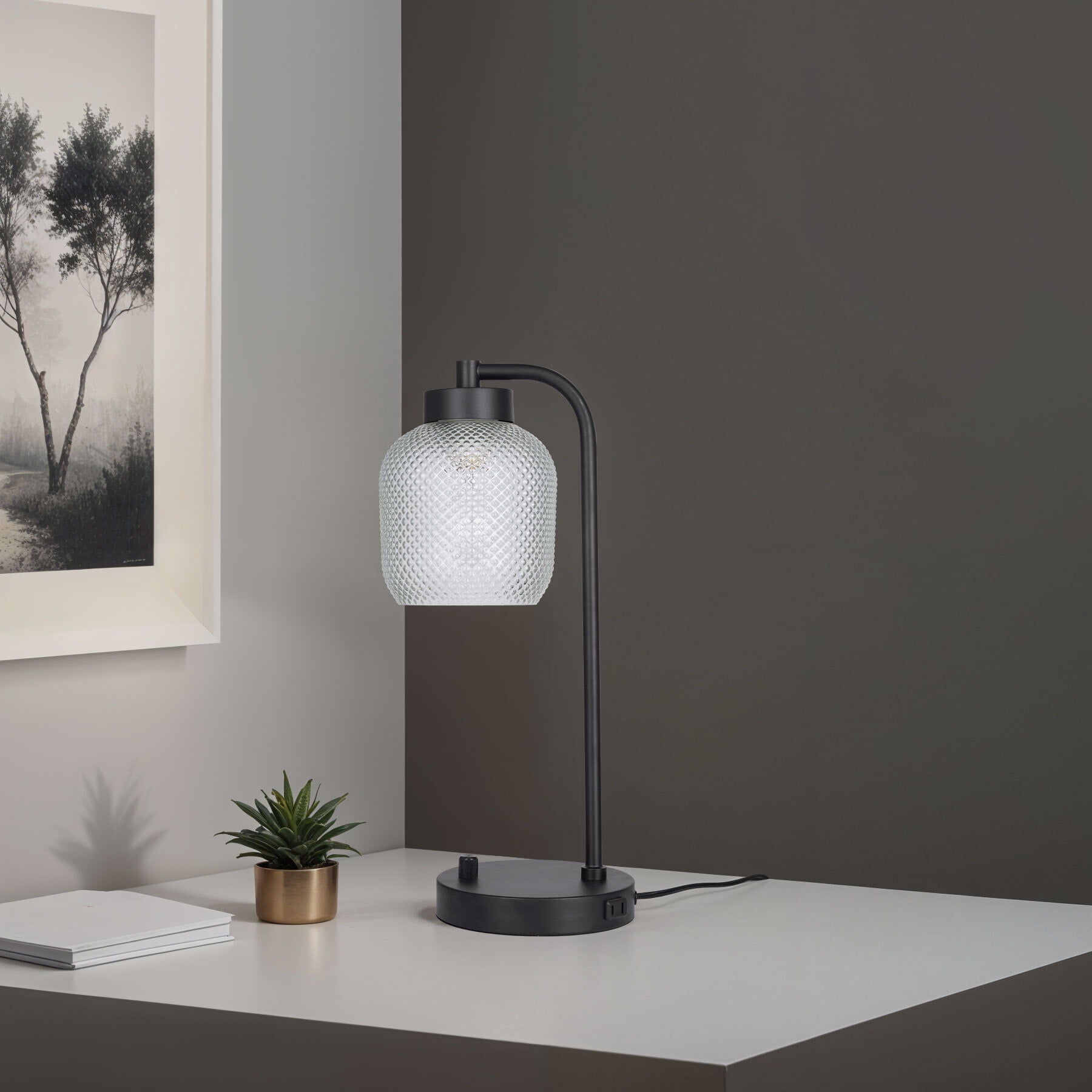 Kenroy Home Prismatic 17.75''  Desk Lamp Modern Task Light with Dome Glass Shade and  2-Prong Power Outlet in Base for Home, Office, or Bedroom, Black