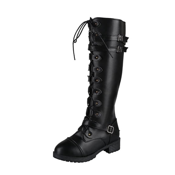Dasayo Womans Boots Black Mid-Calf Western Motorcycle Lace up Buckles Low Heel Faux Leather Boots Ladies Shoes 36