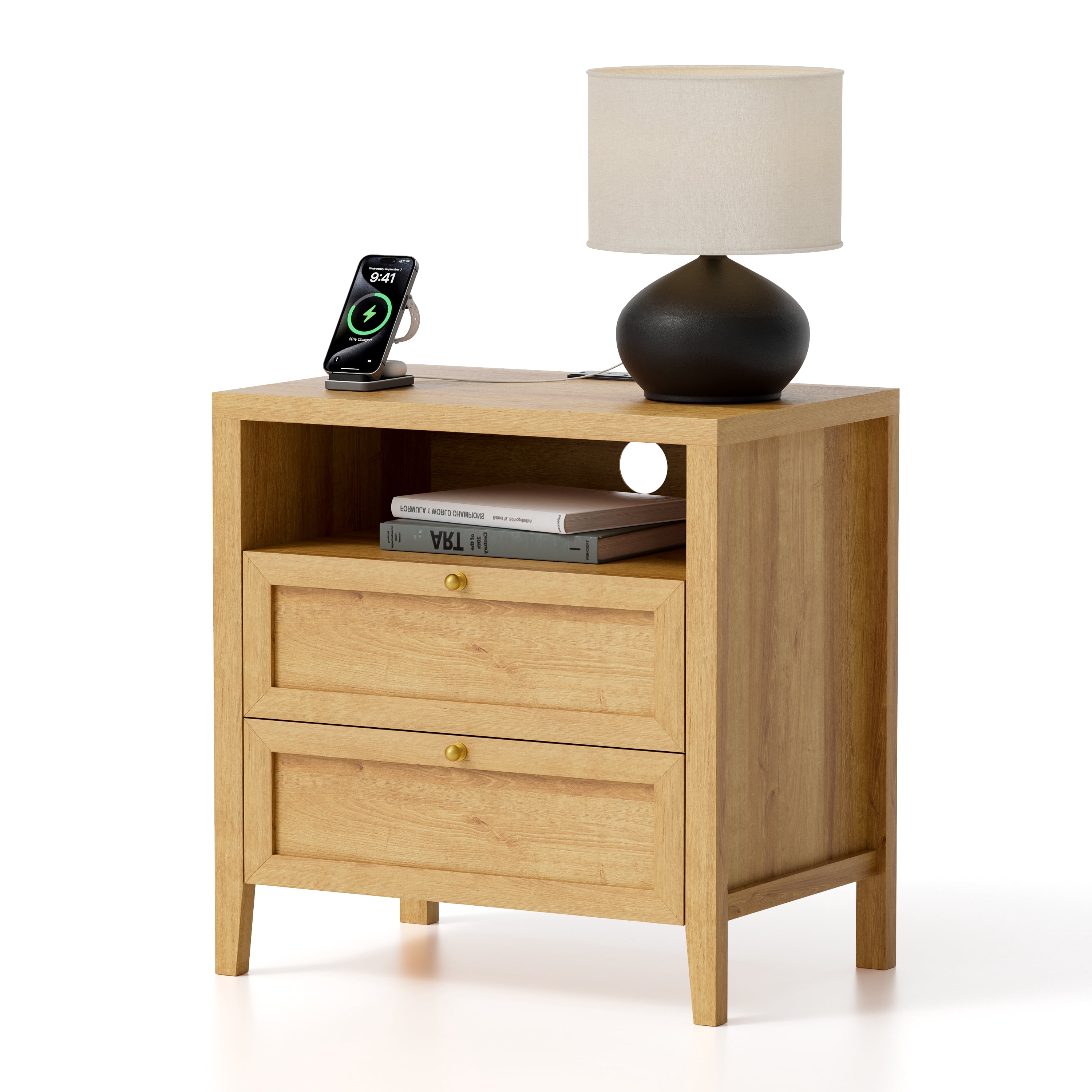 EYYTHUNG Modern Nightstand with 2 Drawers Wooden End Table with Charging Station Farmhouse Night Stand Bedside Side Table with Storage Open Shelf, Natural Oak