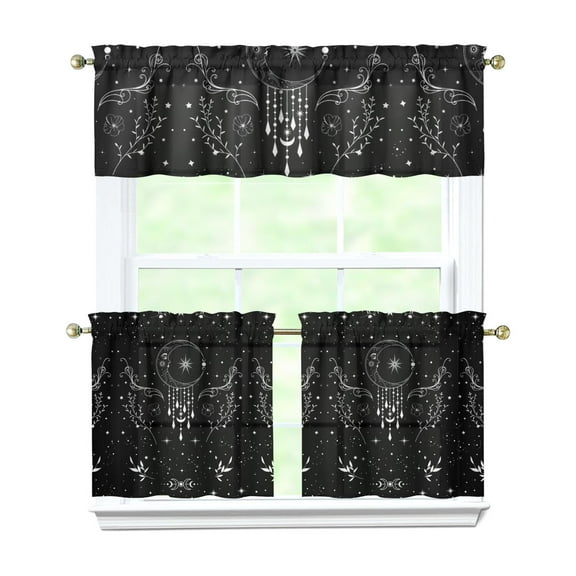 Kitchen Curtains 24 Inch Short - 3 Panel Set, Gothic Celestial Sun and Moon Print, Mystical Starry Night Astrology Aesthetic, Rod Pocket Window Curtain, Easy Wash