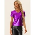 thumbnail image 4 of Camiseta de Color Metálico para Mujer con Cuello en V Party Clubwear Shiny Top Púrpura XL, 4 of 5