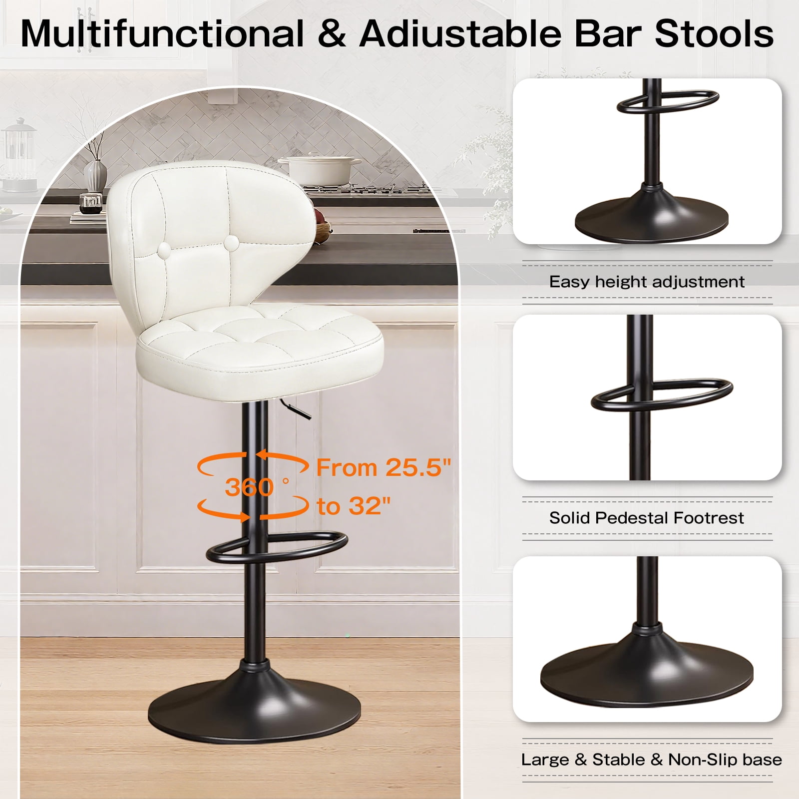 Bar Stools Set of 2, Adjustable Swivel Bar Chairs with 360° Rotation, Padded Counter Stools with Back and Footrest for Kitchen Island, Bistro, Cafe, and Home Use