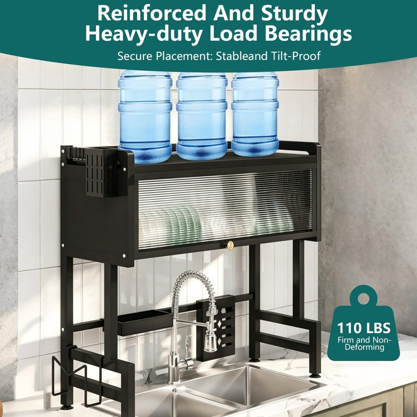 Over Sink Dish Drying Rack with Door, 33 Inch Space Saving Over Sink Dish Rack with Cover, Metal Dish Drainer with Cutlery Holder, Black