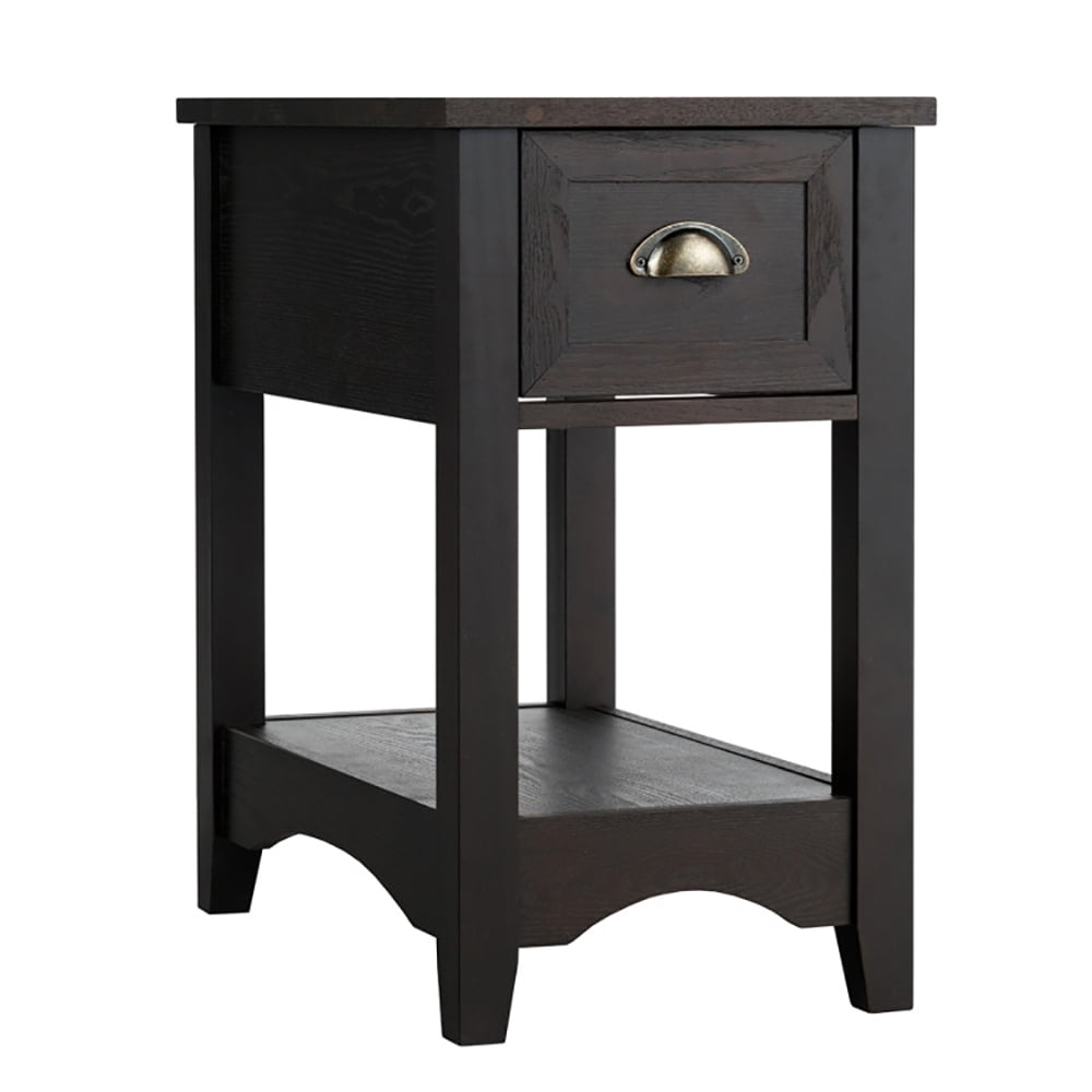 Finihen End Table, 2 Pieces Retro Narrow Tiered End Table with Drawer and Storing Shelf, Sofa Side Table, Bed Side Table, for Living Room, Bedroom, Brown Finihen End Table, 2 Pieces Retro Narrow Tiered End Table with Drawer and Storing Shelf, Sofa Side Table, Bed Side Table, for Living Room, Bedroom, Brown