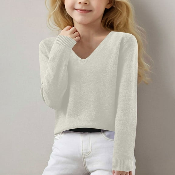 POROPL Girls Sweaters Knit Pullover Sweater Ribbed Cuffs Thin V Neck Long Sleeve Tops Size 6-7