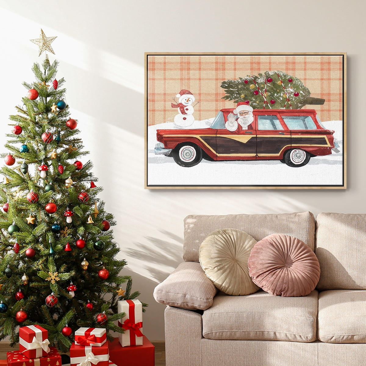 Santa on Wheels I - Framed Gallery Wrapped Holiday Canvas - 25 x 37 - Natural Wood Frame