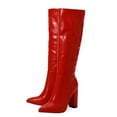 thumbnail image 5 of Womens Knee Length Tall Boots Leather Pointed Toe Chunky Block High Heels Mid Calf Dress Boots Red, 5 of 8