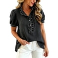 thumbnail image 5 of Womens Summer Shirts Puff Sleeve Button Down Denim Oversized Tshirts for Women Black L, 5 of 9