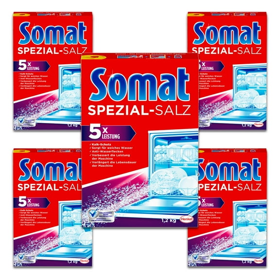 Somat Dishwasher Salt Water Softener - Lime Protection, Ensures Soft Water, Anti-Water Stains, Prolongs - 2.6 Lbs (1.2 KG) - (Pack of 5 Boxes)