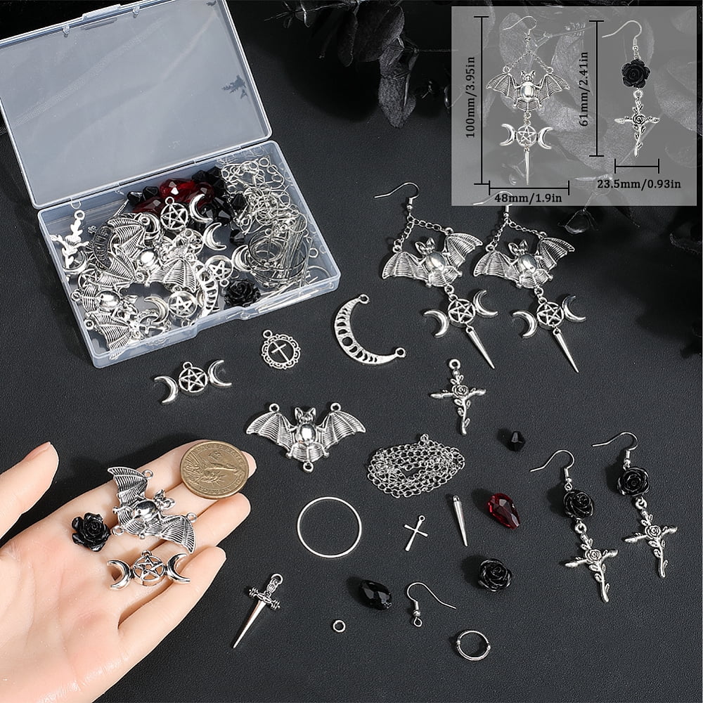 1 Box 10 Pairs Earring Kits Alloy Bats Charms Star Moon Phase Charm Red Black Gothic Charms Charms for Jewelry Making Kits DIY Dangle Earrings Gift Adults Supplies