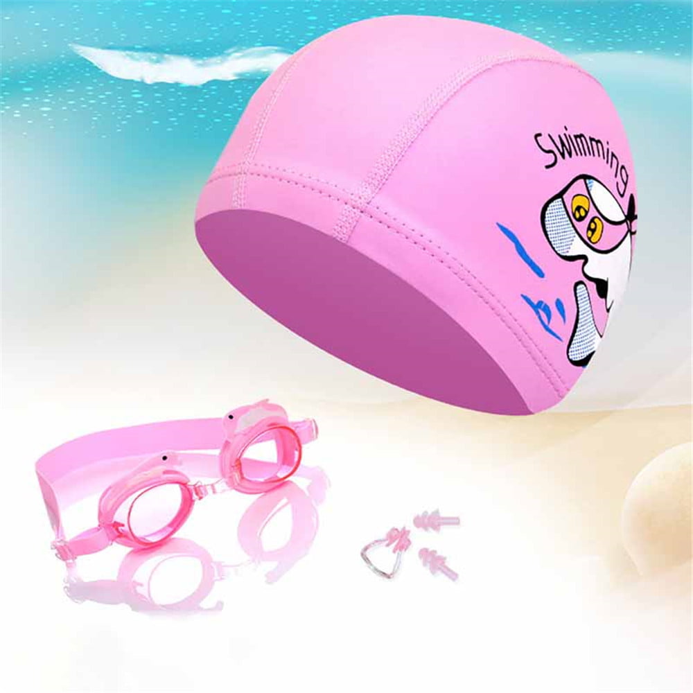 Kids Swim Caps for Girls Durable Waterproof Silicone Swimming Cap for Short/Long Hair with Swimming Goggles Ear Plug and Nose Clip Age 4-8 