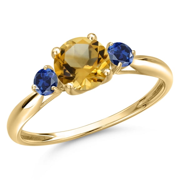 Gem Stone King 10K Yellow Gold Yellow Citrine and Blue Created Sapphire 3-Stone Ring for Women | 1.08 Cttw | Round 6MM | Gemstone November Birthstone | Size 9