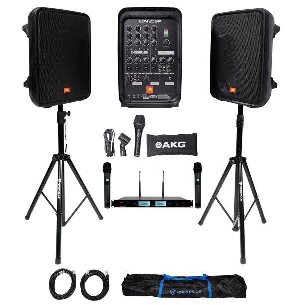 JBL EON208P 8" Bluetooth Speakes+Stands+Mixer+(2) Wireless UHF