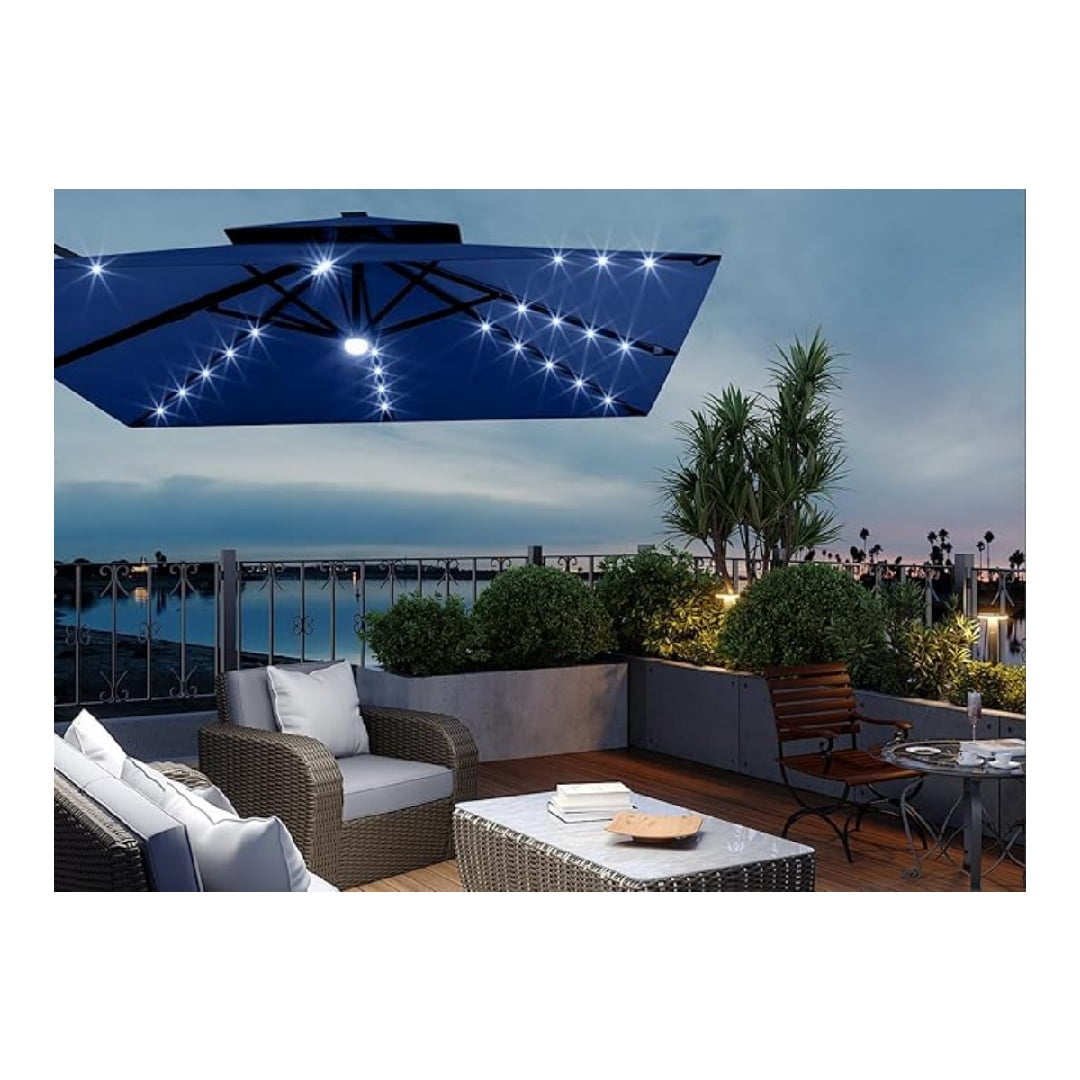 10' x 10' Heavy Duty Cantilever Patio Umbrella with LED Lights & Weighted Base, Square Aluminum Offset Umbrella 360-Degree Rotation for Outdoor Decor, Backyard, Deck, Pool