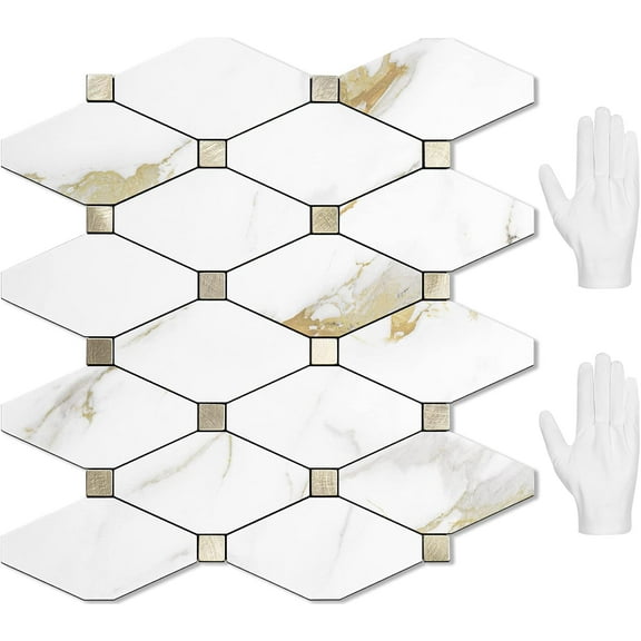 10 Sheets Peel and Stick Backsplash, Calacatta Golden Stick on Aluminum Composite Tiles Stikers, Self Adhesive Mixed Metal Backsplash for Kitchen, Bathroom, Fireplace, RV
